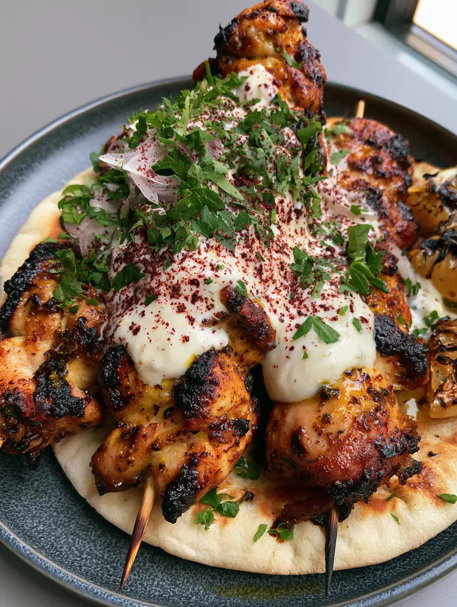 Close-up handheld photo of Chicken Shawarma Skewers showing glistening spices and vibrant parsley garnish.