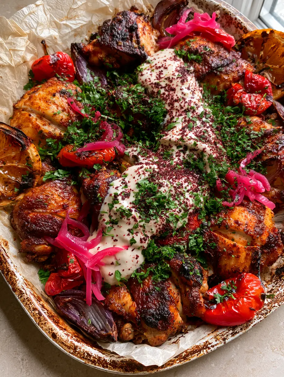 Close-up of spice-rubbed charred chicken thighs on parchment paper with roasted lemons and peppers. (chicken shawarma recipe)