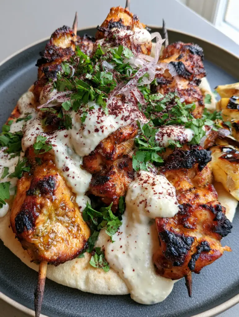 Chicken Shawarma Skewers on a grey plate with charred lemon wedges and snowy-white garlic sauce.