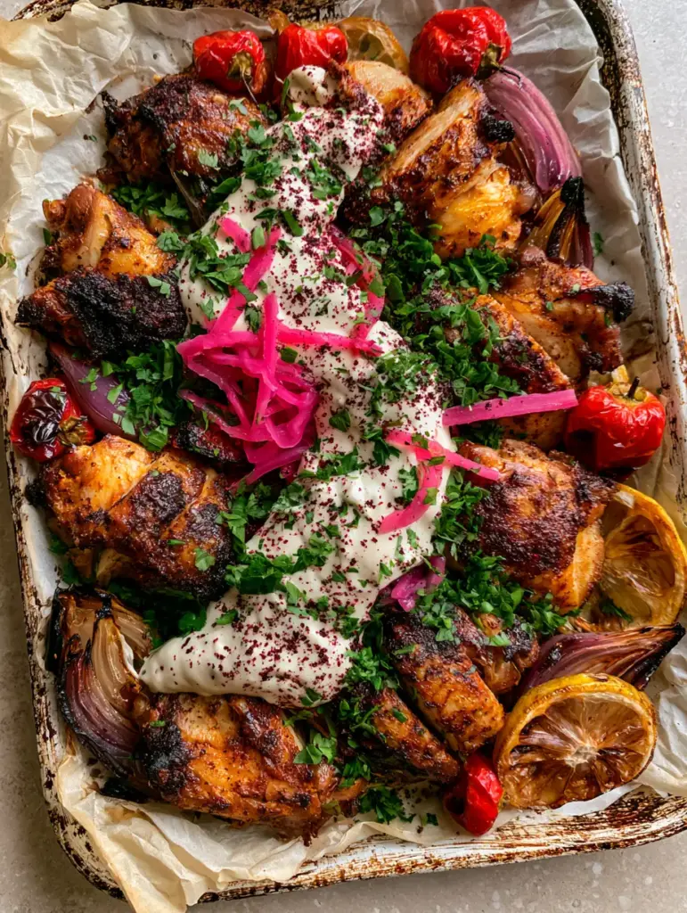 Vibrant chicken shawarma tray garnished with pink pickled onions, green parsley, and crimson sumac.