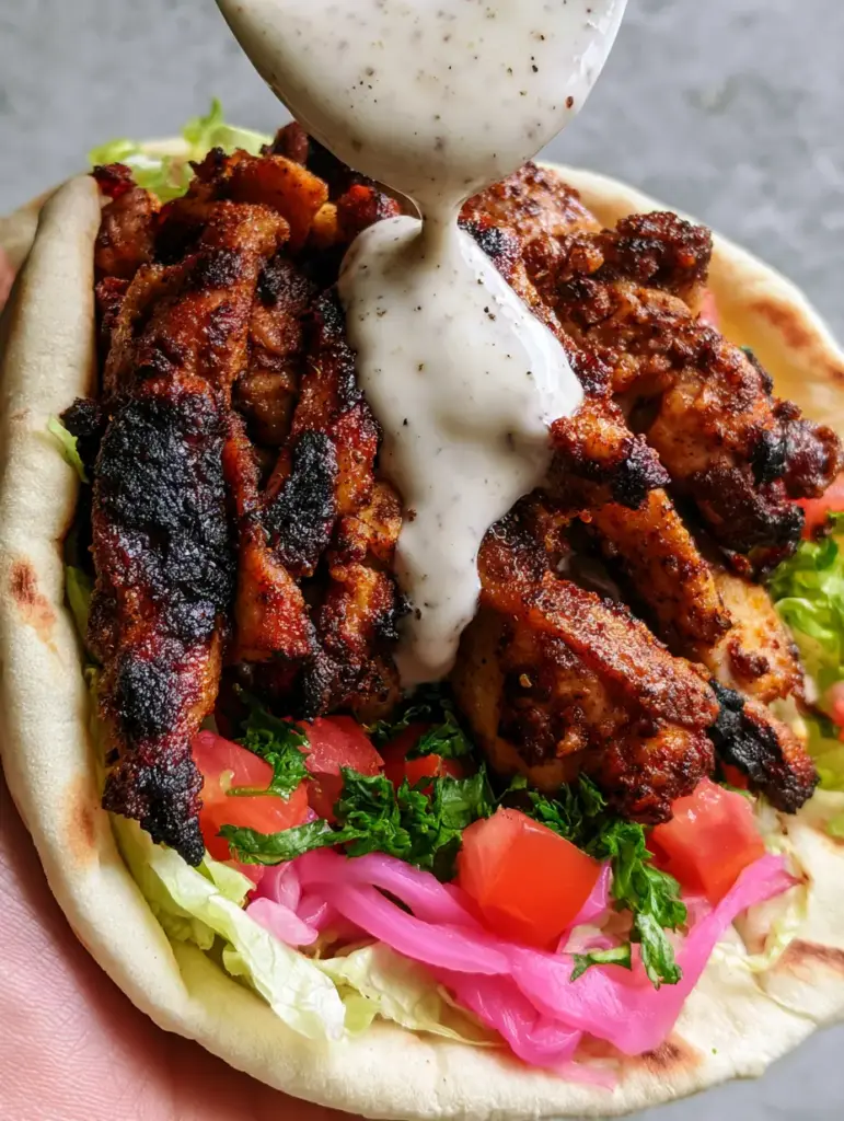 A thick, velvety white garlic sauce with specks of black pepper being drizzled onto Chicken shawarma.