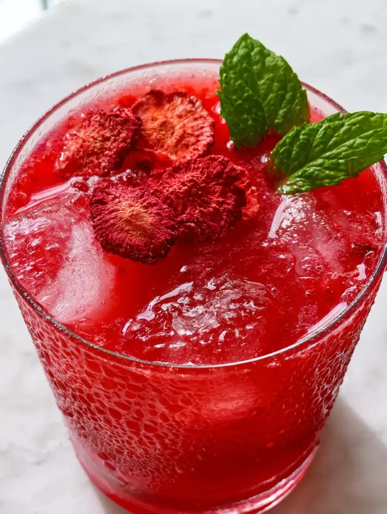 Extreme close-up of a strawberry acai refresher with large clear ice and heavy condensation. (strawberry acai refresher)