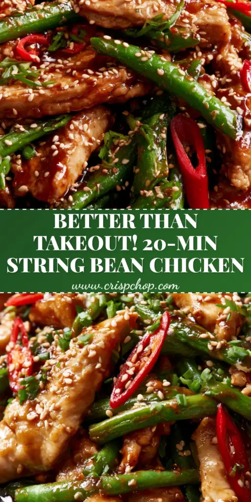 A close-up shot of String Bean Chicken featuring seared velveted chicken slices and blistered green beans in a glossy dark glaze topped with sesame seeds.