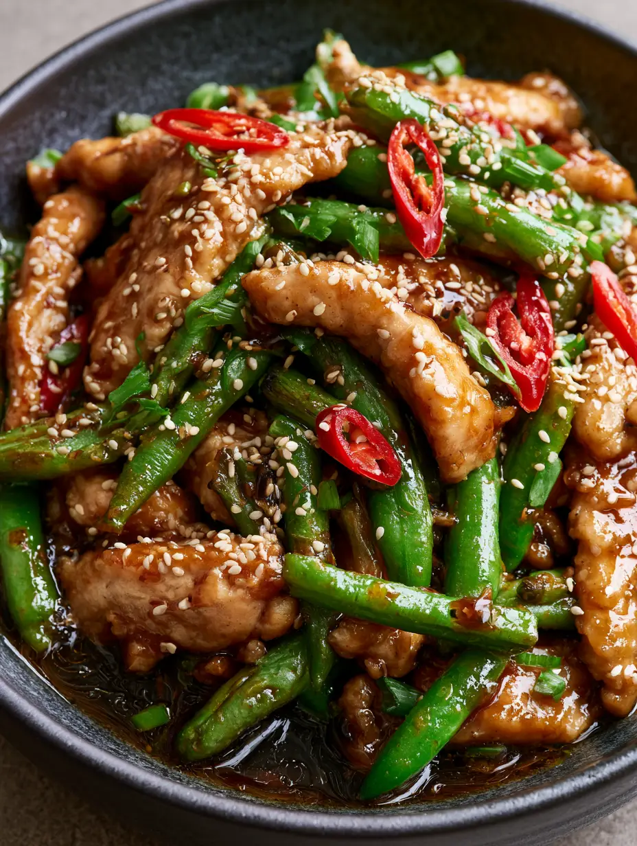Extreme macro close-up of String Bean Chicken with glistening ginger-soy glaze and bright green beans. (String Bean Chicken)