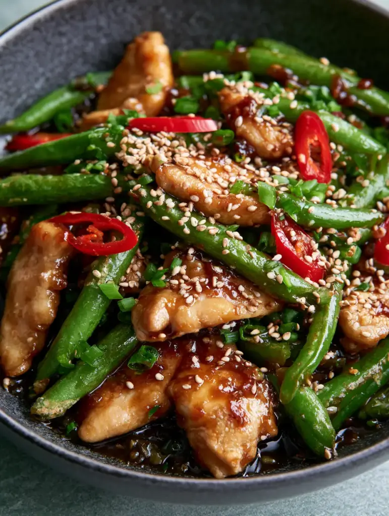 Close-up of seared chicken and blistered green beans garnished with red chilies and sesame seeds in a charcoal bowl. (String Bean Chicken)