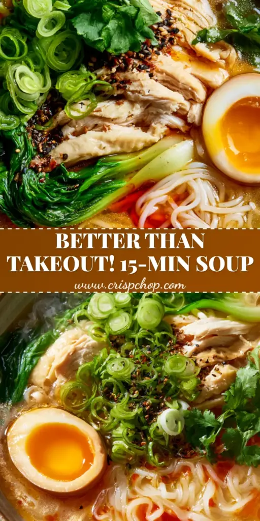 A rustic bowl of Chinese Rice Noodle Soup with poached chicken, emerald bok choy, and a jammy egg on a concrete background.