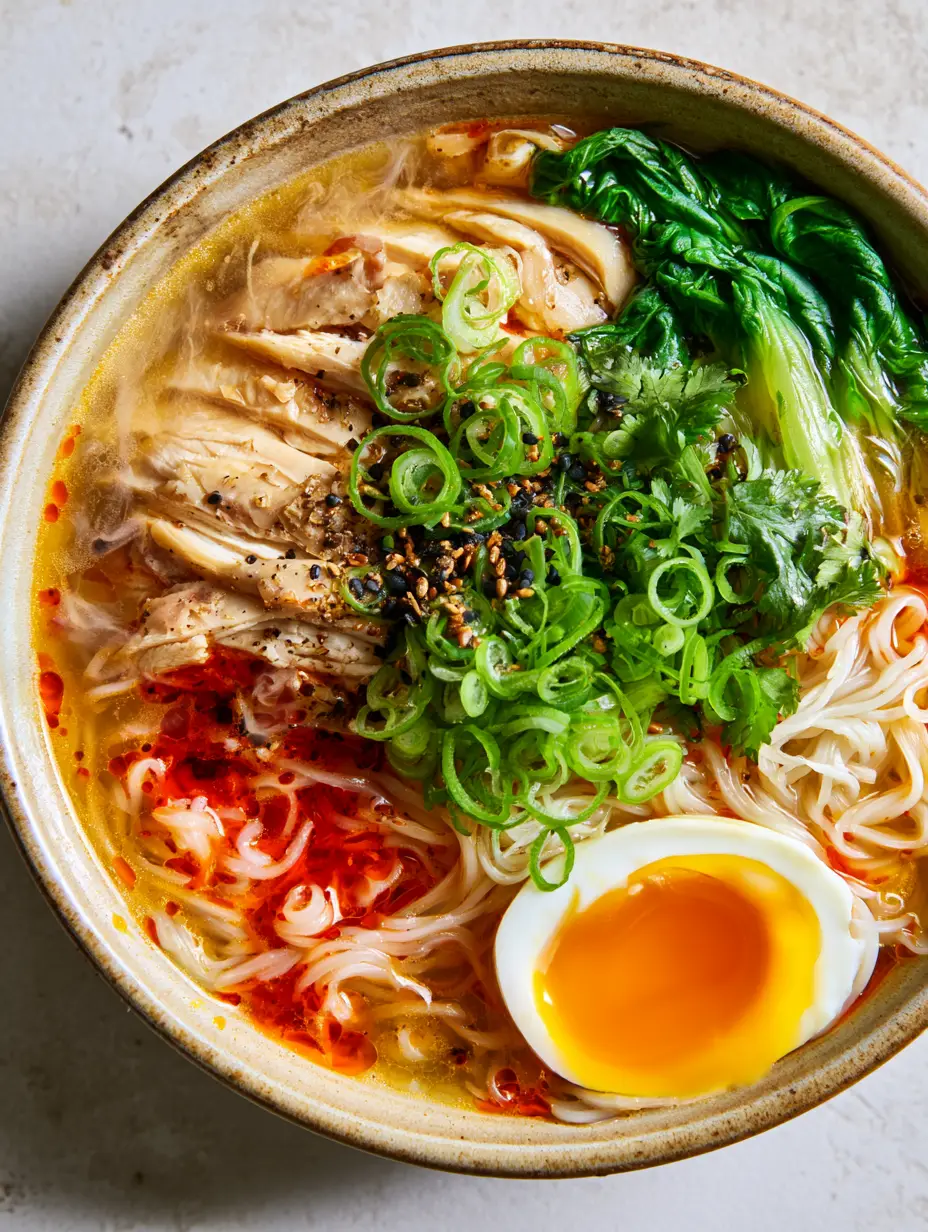 Top-down view of Chinese Rice Noodle Soup showing golden broth, chili oil droplets, and fresh cilantro.