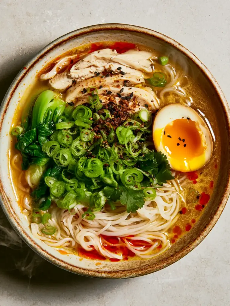 Close up of a jammy soft-boiled egg with a liquid orange yolk sitting atop translucent rice noodles.